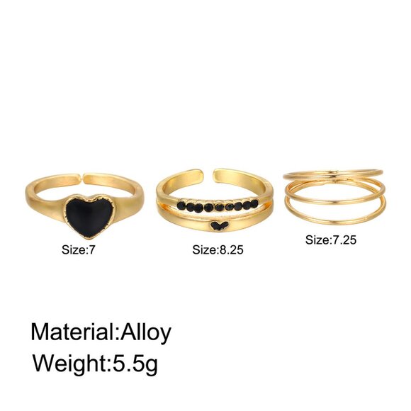 3/$35 Gold Heart Ring Set Minimalist Stackable Rings Black Enamel Accent Dainty - Picture 4 of 8